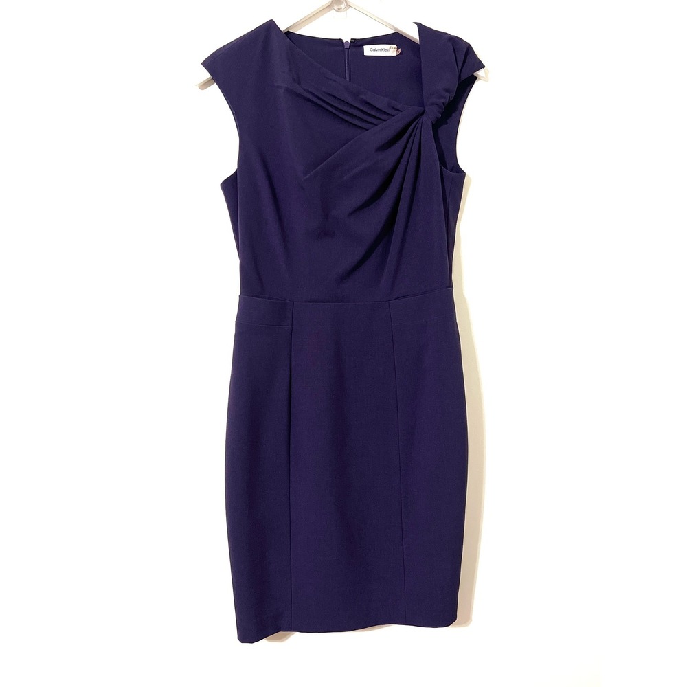 Calvin Klein Sheath Dress Women Size 4 Purple Pleated Knot Neck Business Career